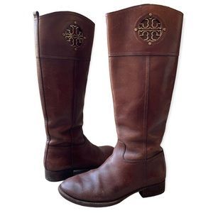 Tory Burch Boots Tall Riding Brown Leather Kiernan Logo Gold Womens 7.5
